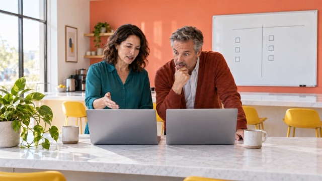 Two revenue leaders compare two laptops side by side at an office kitchen counter with a coral wall