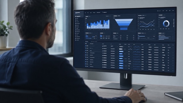 Over-the-shoulder view of a sales rep looking at a monitor filled with detailed CRM charts and a long table of deal records
