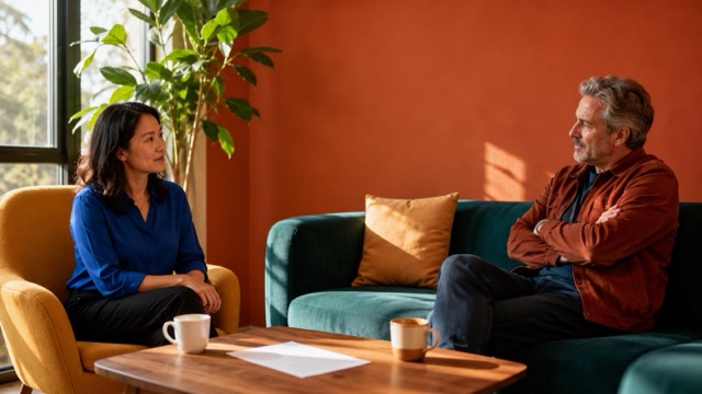 A sales rep pauses before responding to a buyer across a low table in a bright, colorful office lounge